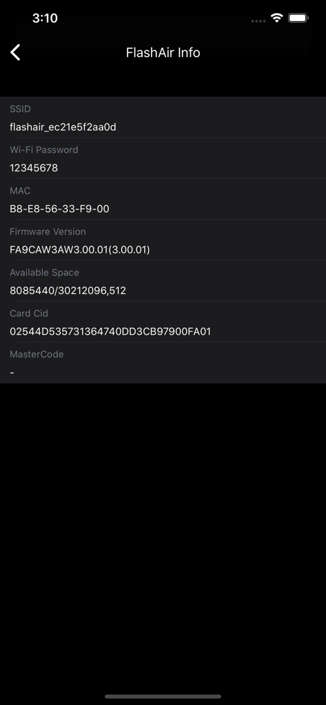 FlashAir SD card information screen in FAir app showing SSID and firmware details