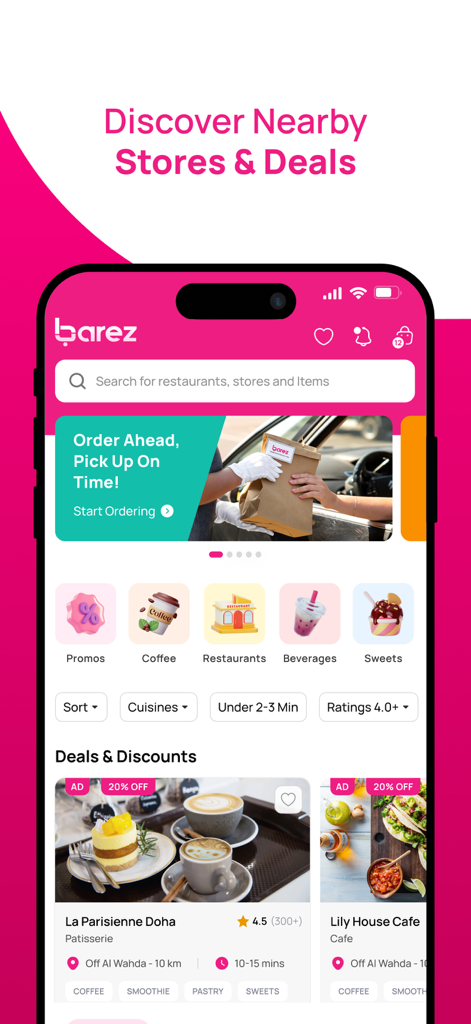 Barez - Tela inicial do aplicativo Barez mostrando ofertas de restaurantes próximos e categorias de alimentos para retirada rápida.
