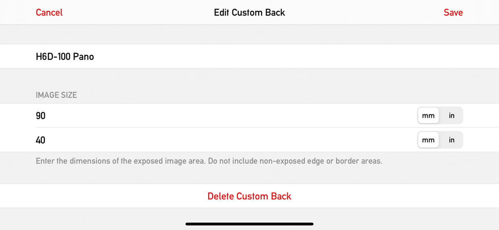 Mark II Artist's Viewfinder - Interface for editing custom camera back and sensor dimensions in the Mark II Artists Viewfinder app