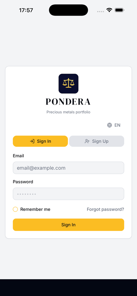 Pondera: Gold Tracker - Sign in screen for Pondera Gold Tracker precious metals portfolio app