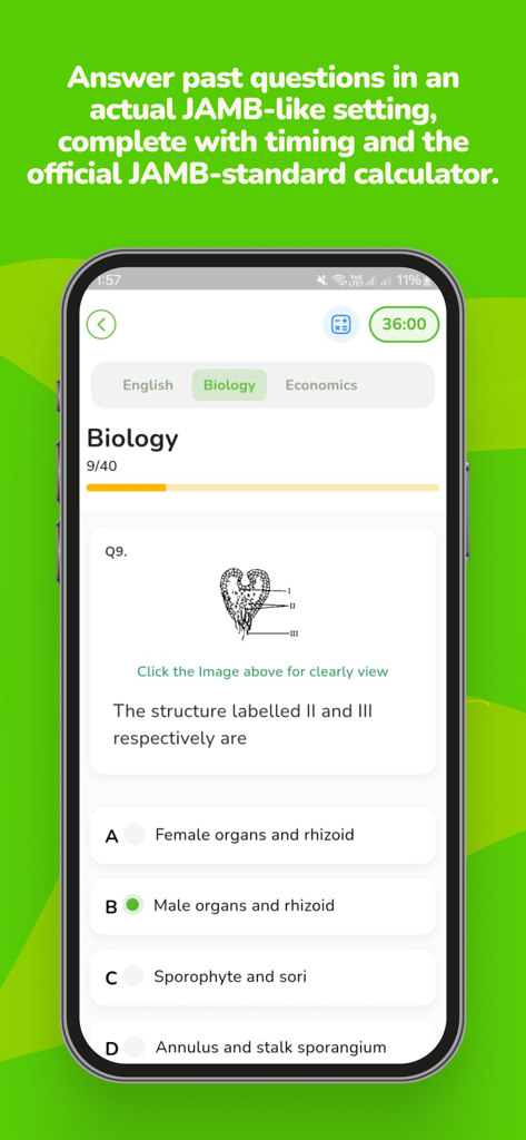 Mobile app screen displaying a JAMB biology practice question with a diagram and countdown timer