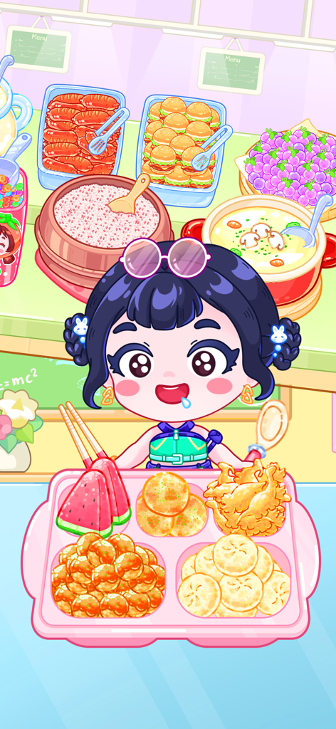 Mukbang Master: ASMR Food - A cute cartoon character holding a tray of colorful virtual food like watermelon and fried snacks in the Mukbang Master ASMR game.