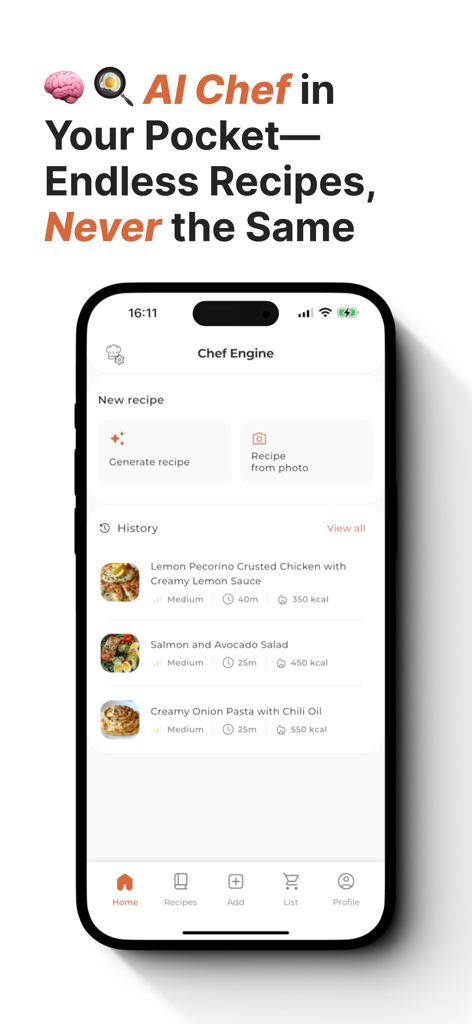 Chef Engine 앱 홈 화면, AI 레시피 생성 옵션과 영양 정보가 있는 식사 기록 표시