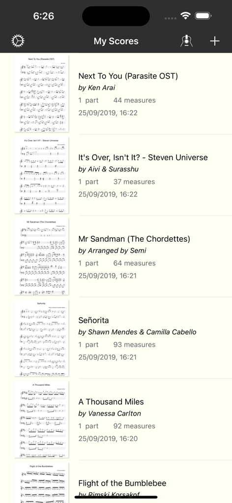 Piano+ - Sheet Music Composer - Dashboard showing a list of saved sheet music scores in the Piano plus app