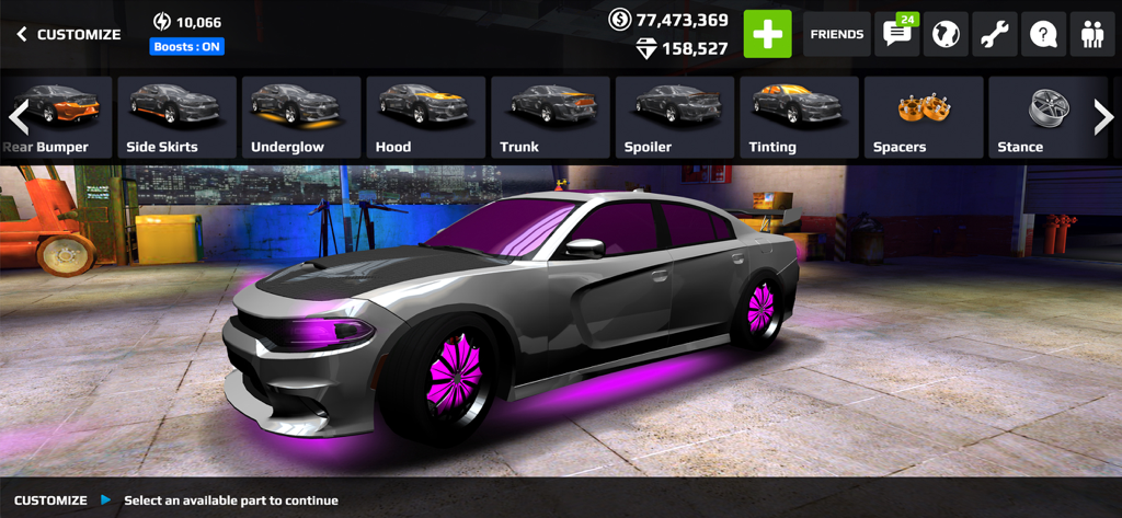 Rush Racing 2 - Drag Racing - A muscle car being customized in the Rush Racing 2 garage with purple underglow and tuning options