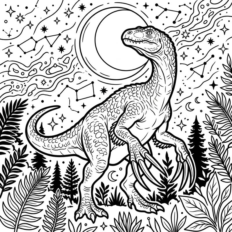Unleash your creativity with this unique Therizinosaurus coloring page, set against a stunning nocturnal landscape. Dive into a prehistoric dreamscape featuring intricate details of this fascinating dinosaur under a blanket of stars and a glowing moon.