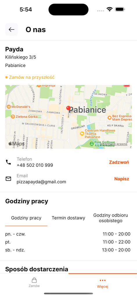 Payda - Payda app information page showing restaurant location map contact details and opening hours