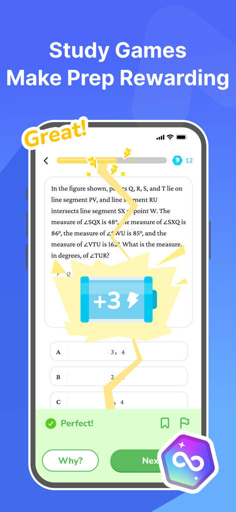 AlphaTest SAT Prep mobile app interface showing a gamified study screen with a math problem and reward icons.