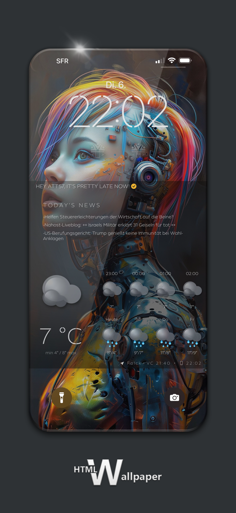 HTML壁紙を使用したカスタムiPhoneロック画面。サイバーパンクアートと統合された天気ウィジェットが含まれています。