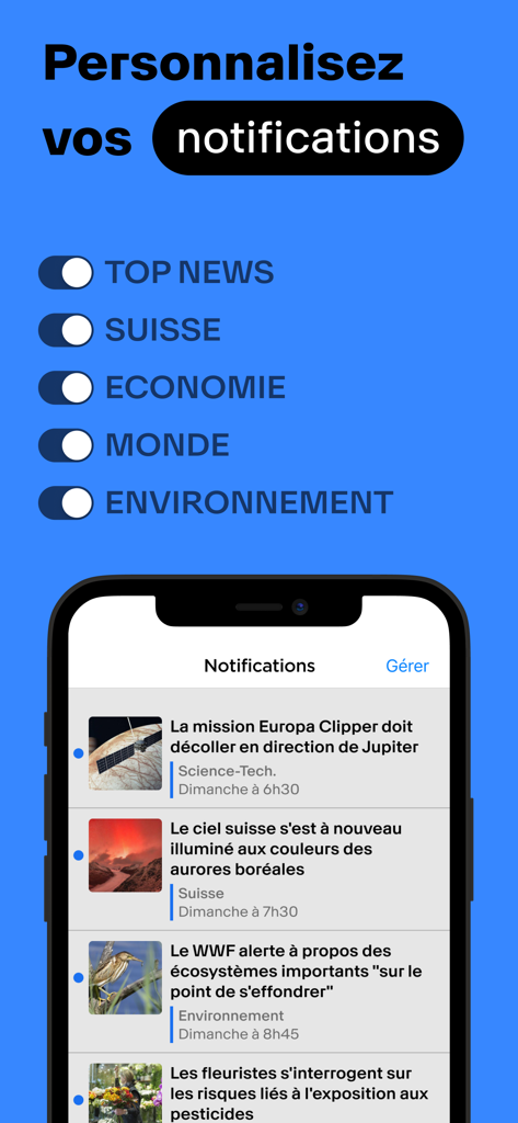 RTS Info : Toute l’actualité - Interface do usuário para personalizar alertas de notícias e categorias no aplicativo móvel RTS Info.