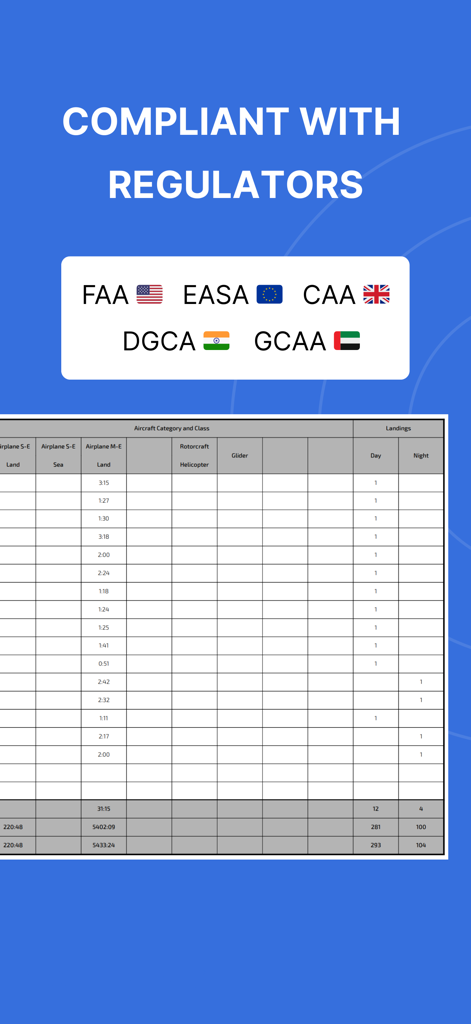 Wingman Pilot Logbook - Wingman Pilot Logbook screen showing compliance with aviation regulators like FAA and EASA alongside a detailed flight log spreadsheet.