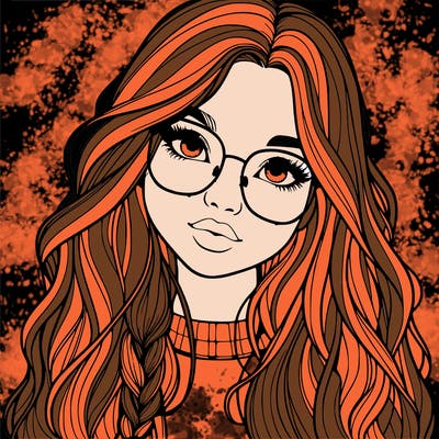 girl with long hair and freckles and glasses realistic