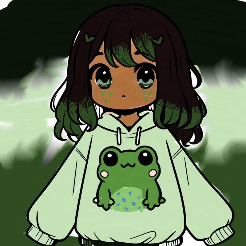girl wearing frogging sweatshirt