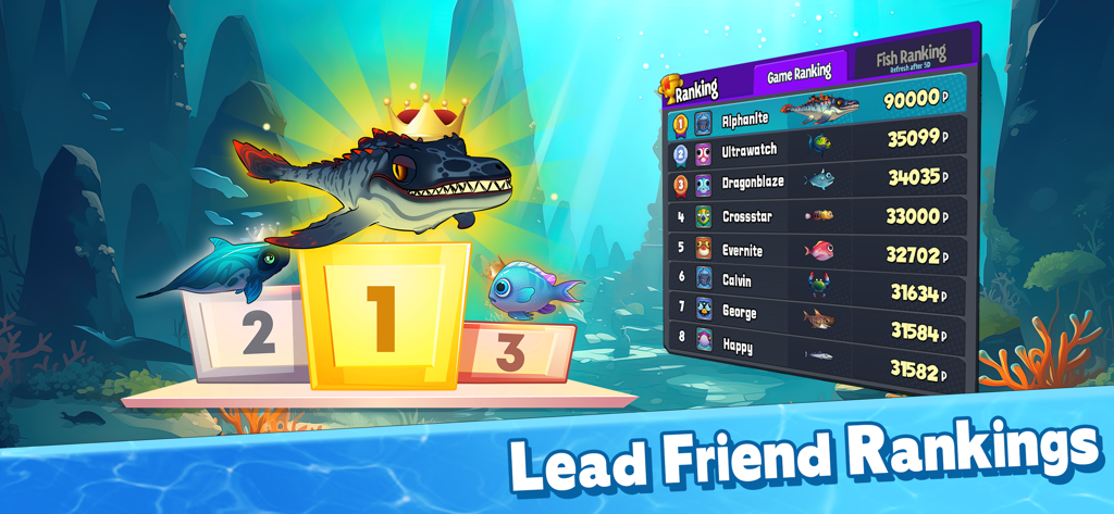 Leaderboard and winners podium showing top players in the Fish Eat Fish.io mobile game