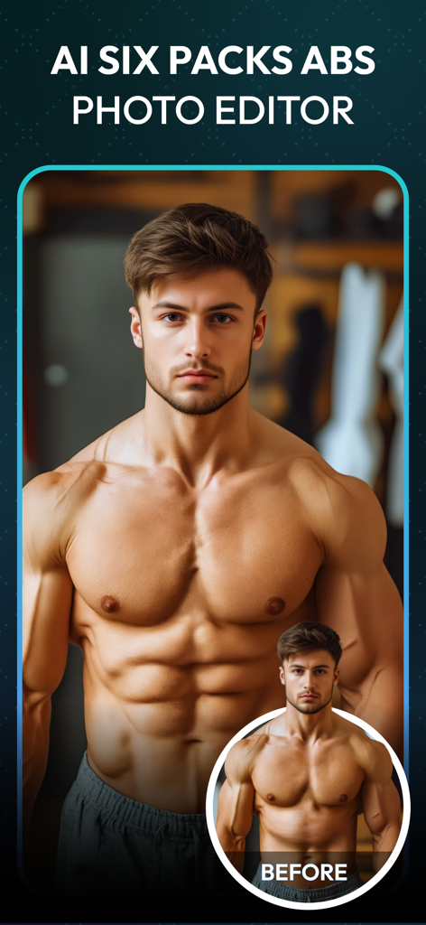 Ein Vorher-Nachher-Vergleich eines Mannes mit verbesserten Bauchmuskeln, der den KI Sixpack Bauchmuskeln Fotoeditor verwendet.