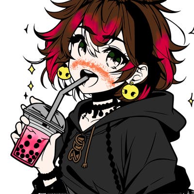 hot baddie anime girl drinking boba and biting the straw