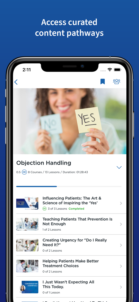 Spear Online app interface showing curated learning pathways and dental professional development courses