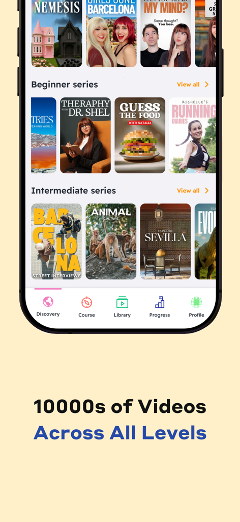 Uma captura de tela da interface do aplicativo Dreaming mostrando uma ampla seleção de séries de vídeos categorizadas em níveis iniciante e intermediário