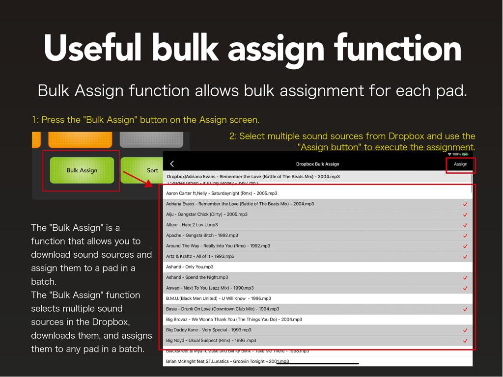 Ein Tutorial-Bildschirm, der die Stapelzuweisungsfunktion für den Import mehrerer Audiodateien aus Dropbox in die SoundPad Pro Max App erklärt.