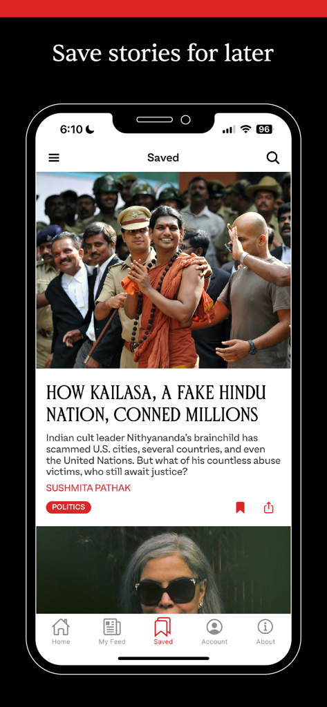 The Juggernaut - A screenshot of The Juggernaut mobile app displaying a saved article about South Asian news with a headline about a fake Hindu nation.