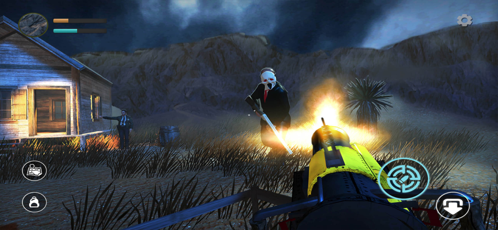 Charles Train - First person shooter gameplay in Charles Train showing the player firing a mounted gun at a masked enemy near a wooden cabin at night
