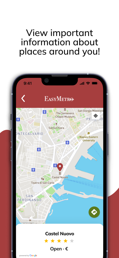 EasyMetro Italy - Map of Naples in the EasyMetro app showing landmarks like Castel Nuovo