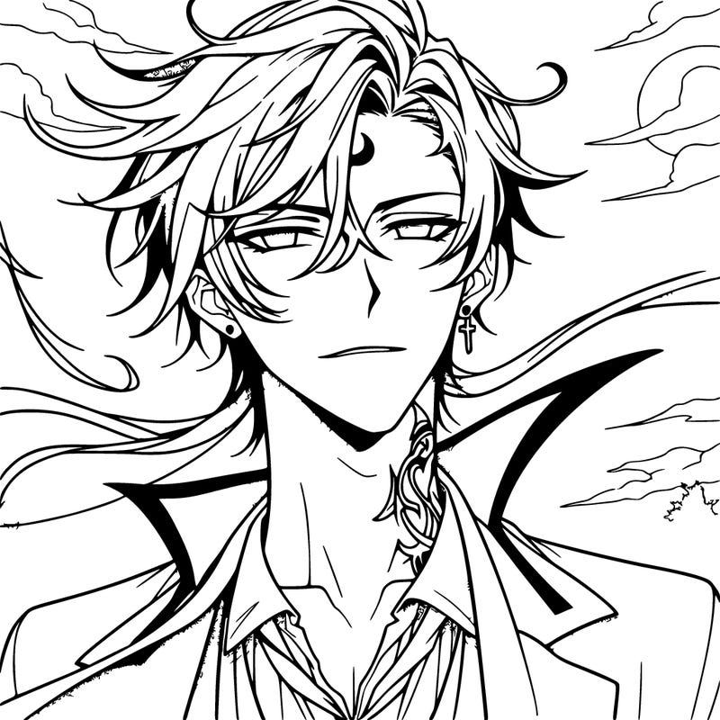 anime handsome guy, vampire with small crescent moon tattoo on forehead, windy