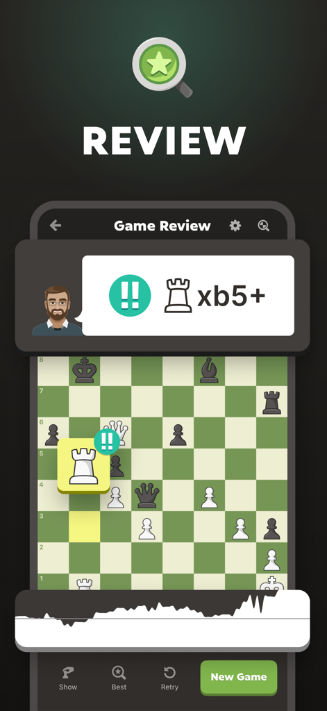 Chess app game review interface highlighting a brilliant move with a rook