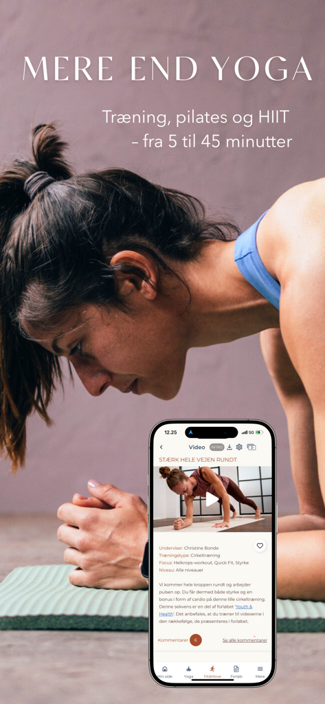 Yogavivo - Una mujer haciendo una plancha sobre una esterilla de yoga con la interfaz de la aplicación móvil Yogavivo mostrada en un smartphone.