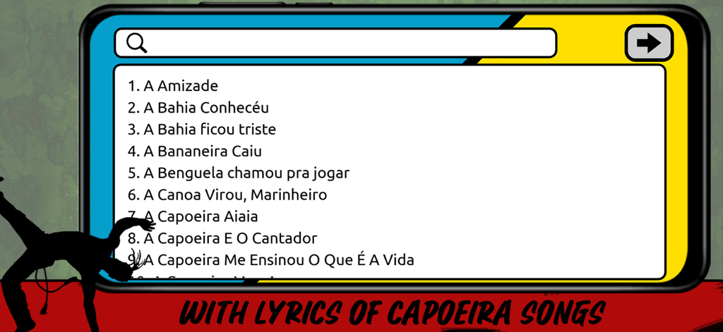 A mobile app interface displaying a searchable list of traditional Capoeira song lyrics