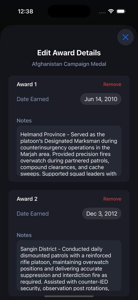 Rack Builder Pro - Edit Award Details screen for the Afghanistan Campaign Medal in the Rack Builder Pro app showing dates earned and service notes.