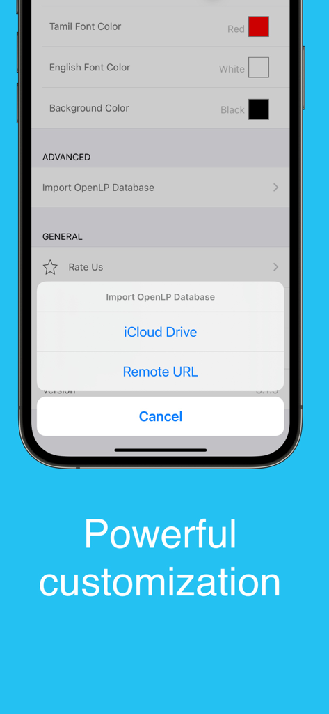 Tamil Christian Worship Songs - Settings screen of the Tamil Christian Worship Songs app showing customization options for font colors and a database import menu for iCloud Drive or Remote URL