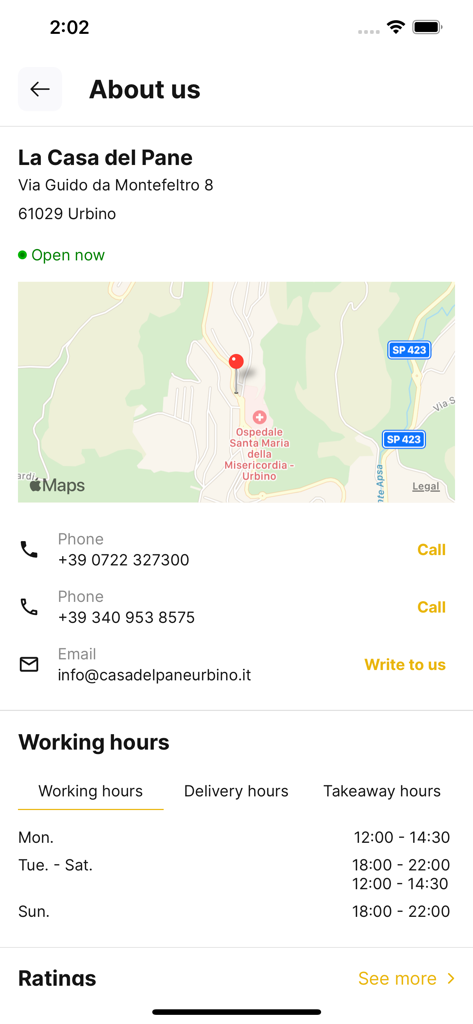 La Casa del Pane Urbino - About us screen of the La Casa del Pane Urbino app showing the bakery location map, contact details, and daily working hours