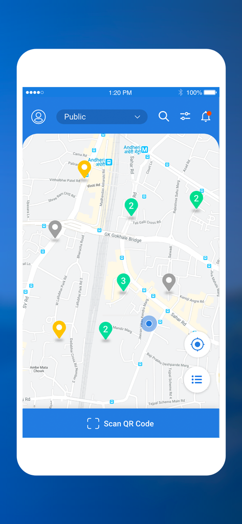 Tata Power EZ Charge - Kartenansicht der App Tata Power EZ Charge, die Standorte von Ladestationen für Elektrofahrzeuge anzeigt.