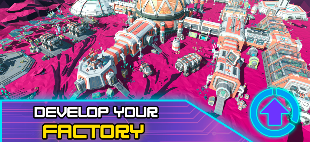 Factory - automation games inc - A futuristic industrial factory base on a pink alien planet with an upgrade icon and text develop your factory