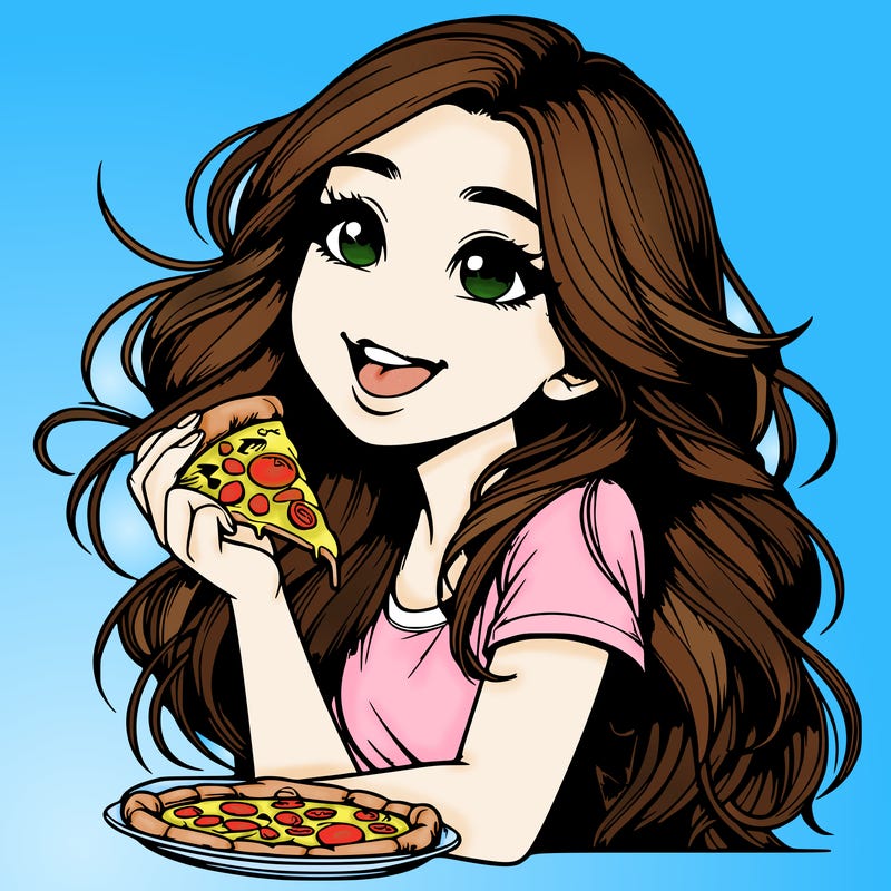 realistic girl with long hair and she's eating pizza