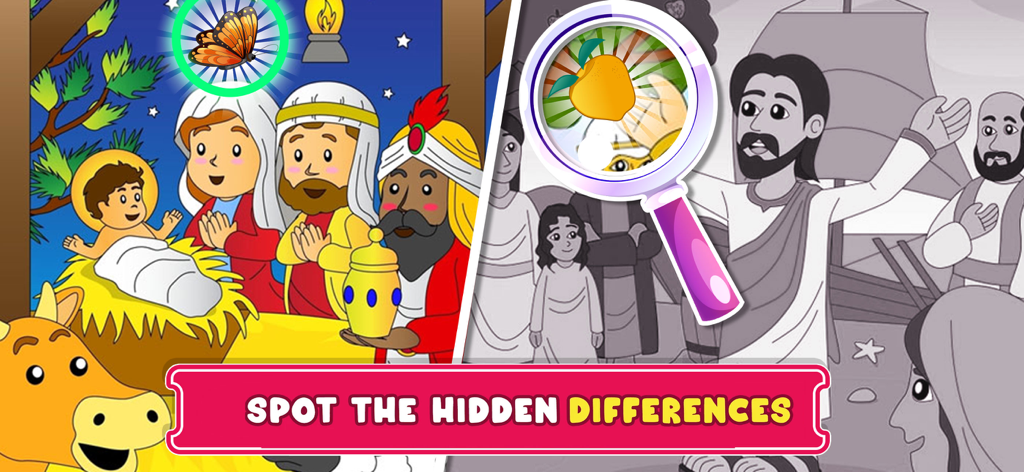 Bible Puzzles and Games - A Bible spot the hidden differences game for children with cartoon religious scenes.