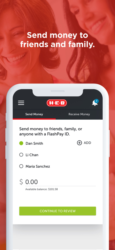 H-E-B Prepaid app interface for sending money to friends and family