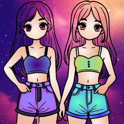 two sisters with crop tops and jean shorts and straight hair