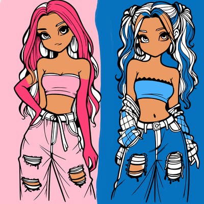 2 girls in crop tops and baggy jeans ripped