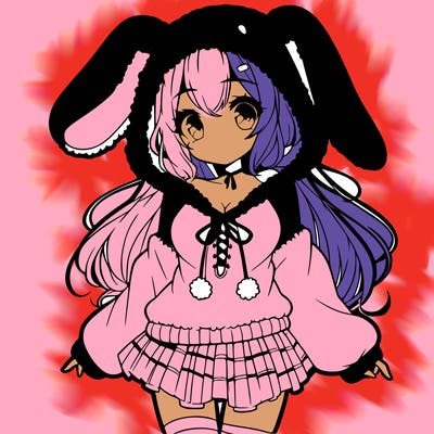 pretty anime girl wearing a fluffy hoodie with bunny ears on the hood and a skirt