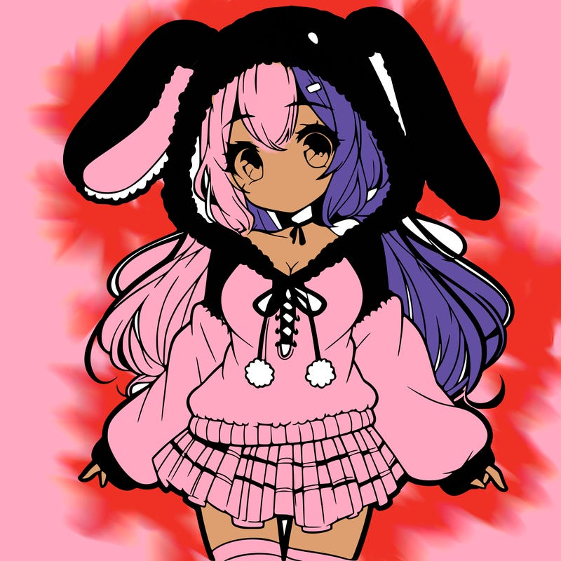 pretty anime girl wearing a fluffy hoodie with bunny ears on the hood and a skirt