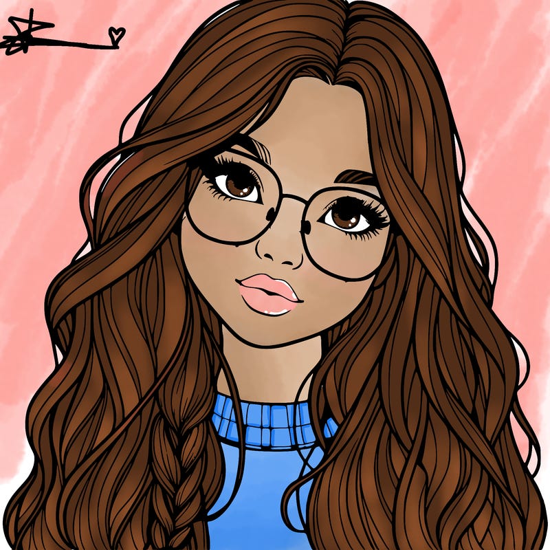 girl with long hair and freckles and glasses realistic