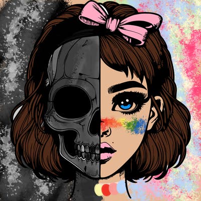 realistic girl with half skull mask