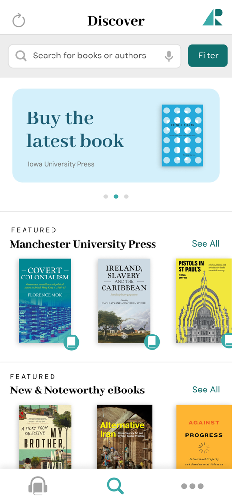 Discover page of the Academic Reader app showing featured scholarly books and university press catalogs