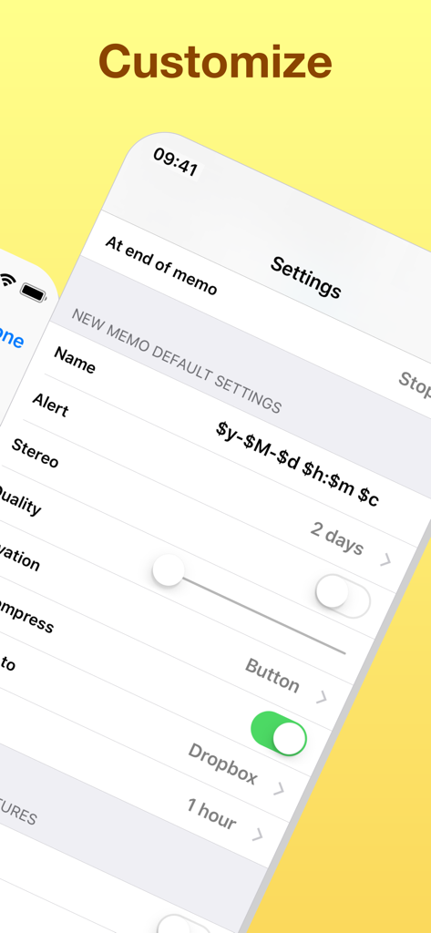 Audio Memos app settings screen for customizing recording defaults and cloud storage