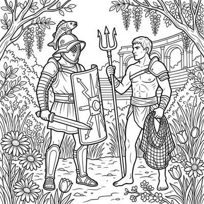 Step into an unexpected blend of ancient history and natural beauty with this unique Roman Gladiators in Spring coloring page. Discover two formidable gladiators, one armed with a trident and net, the other with a sword and shield, surrounded by a vibrant floral landscape.