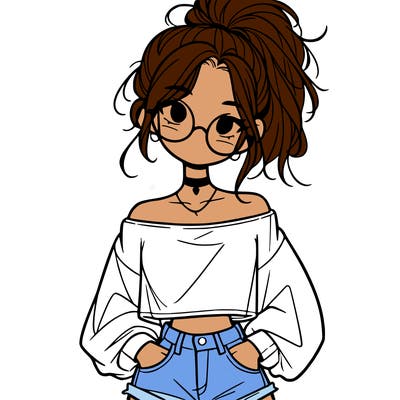 girl with a messy ponytail glasses a baggy crop top and jean shorts