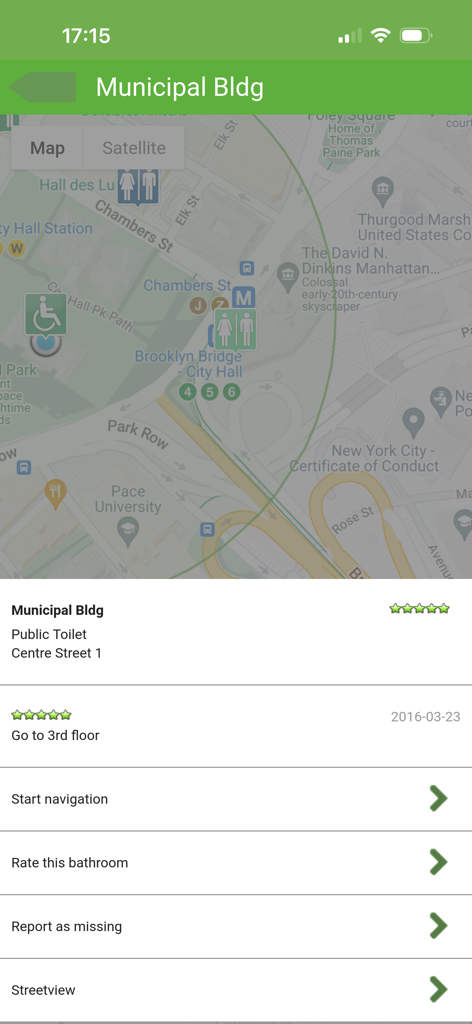 Bathroom Scout - Bathroom Scout app screen showing details and map for a public restroom