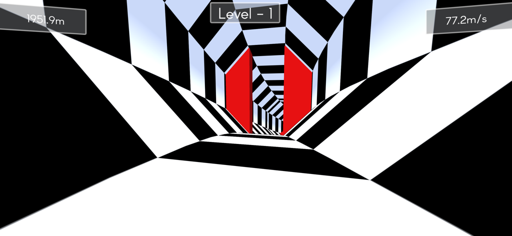 Tunnel Rush ! - Gameplay screenshot of Tunnel Rush featuring a black and white patterned tunnel and red barriers